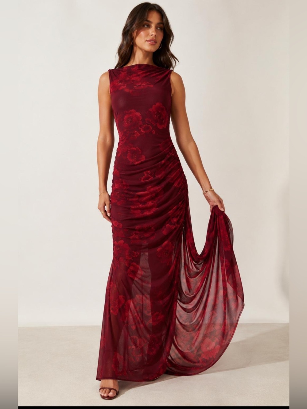 Sincerly Jules Crimson Floral Sheer Maxi Dress